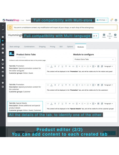 Tabs content in the product editor of the module Product Extra Tabs
