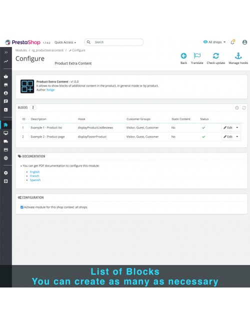 Lists of blocks in module Product Extra Content for PrestaShop