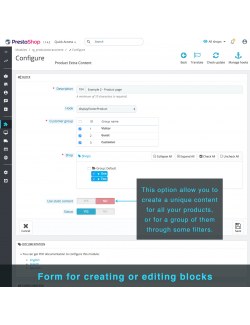 Blocks creation form of the module Product Extra Content