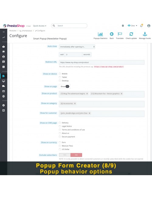 Popups form creator of the module Smart Popup (Newsletter Popup) for PrestaShop