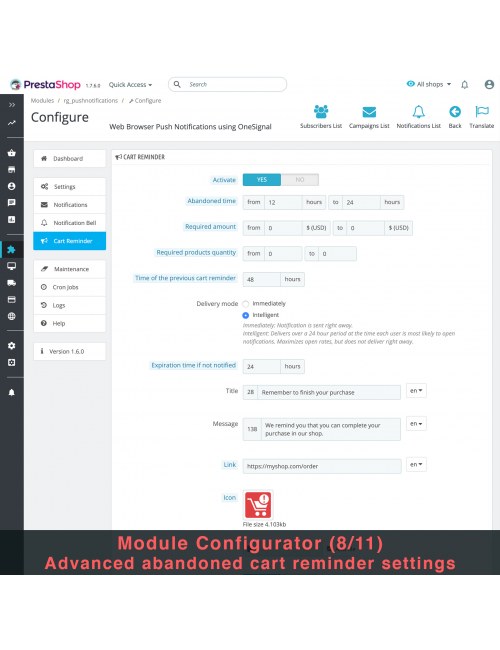 Cart reminder settings of the module Web Browser Push Notifications using OneSignal for PrestaShop