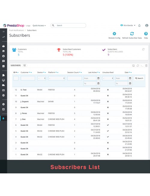 Subscribers list of the module Web Browser Push Notifications using OneSignal for PrestaShop